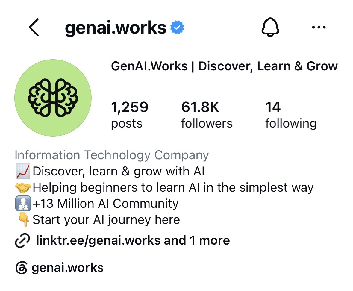 GenAI.Works verified Instagram profile at 61.8K followers