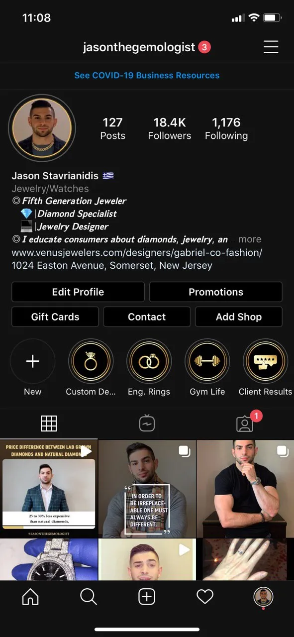 Jason the Gemologist Instagram profile at 18.4K followers, when we started